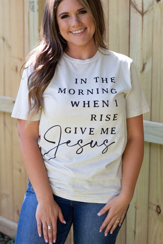 A close-up of a Christian faith t-shirt, showing the inspirational text design and the t-shirt's comfortable fit.