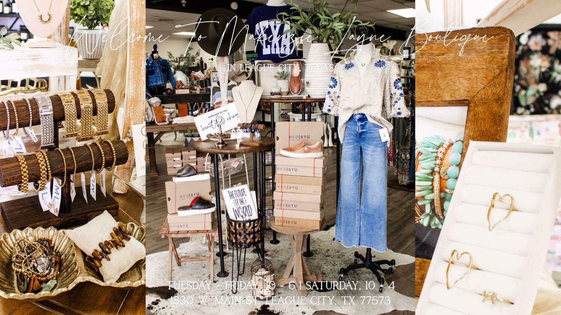 Interior of Makenzie Layne Boutique in League City, Texas, showcasing jewelry, shoes, apparel, and accessories in a stylish retail display.