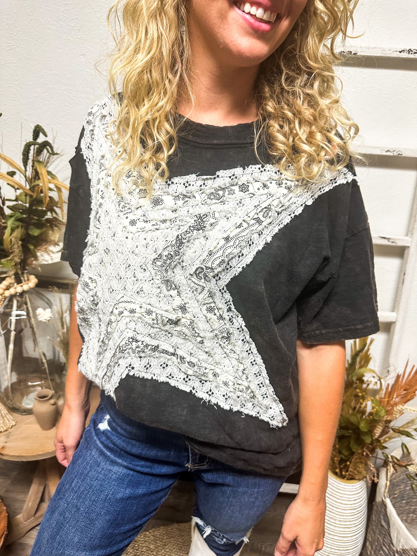 Star Struck Patchwork Top, Black