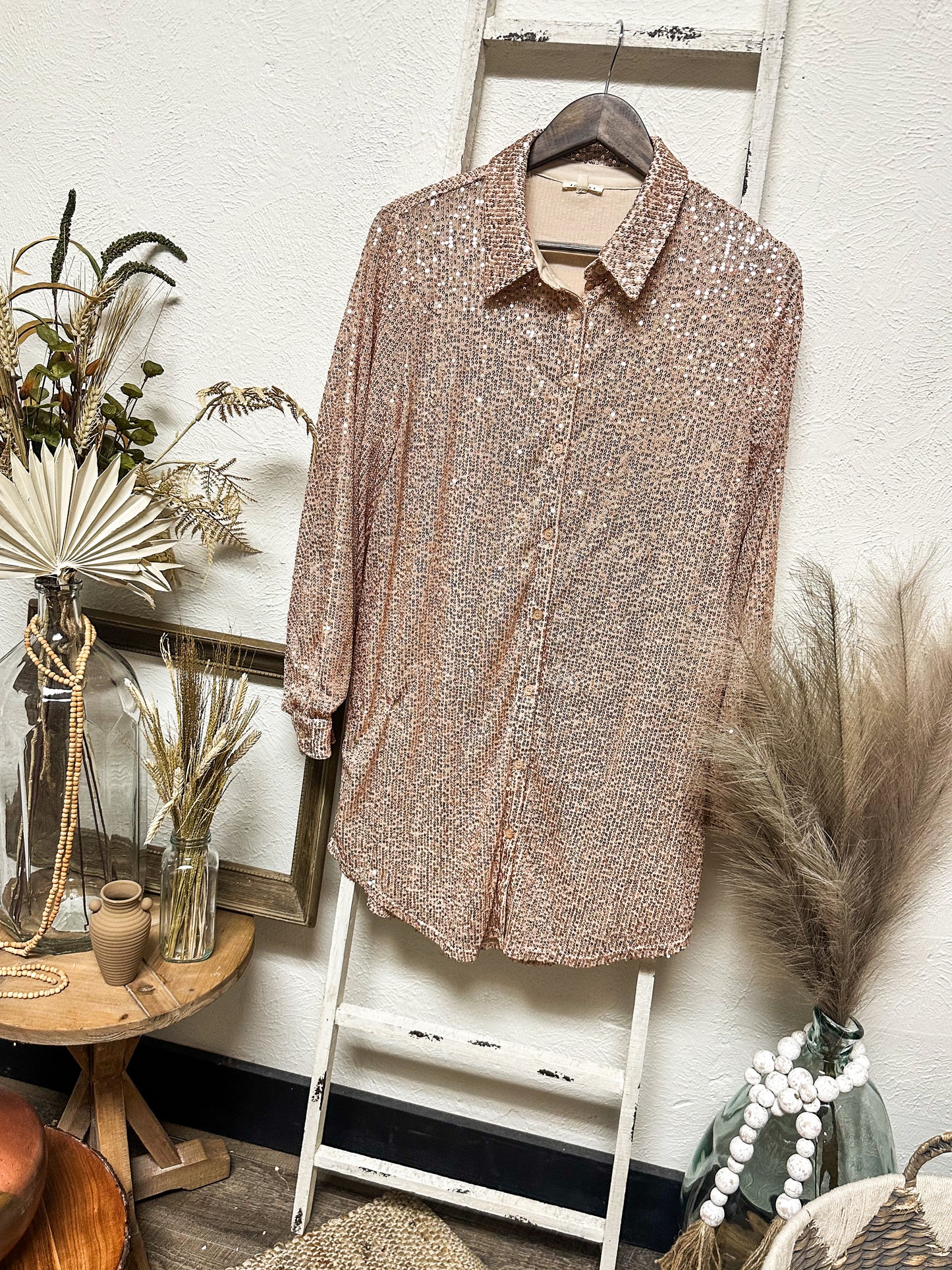 Set In Sequin Shirt Dress, Rose Gold