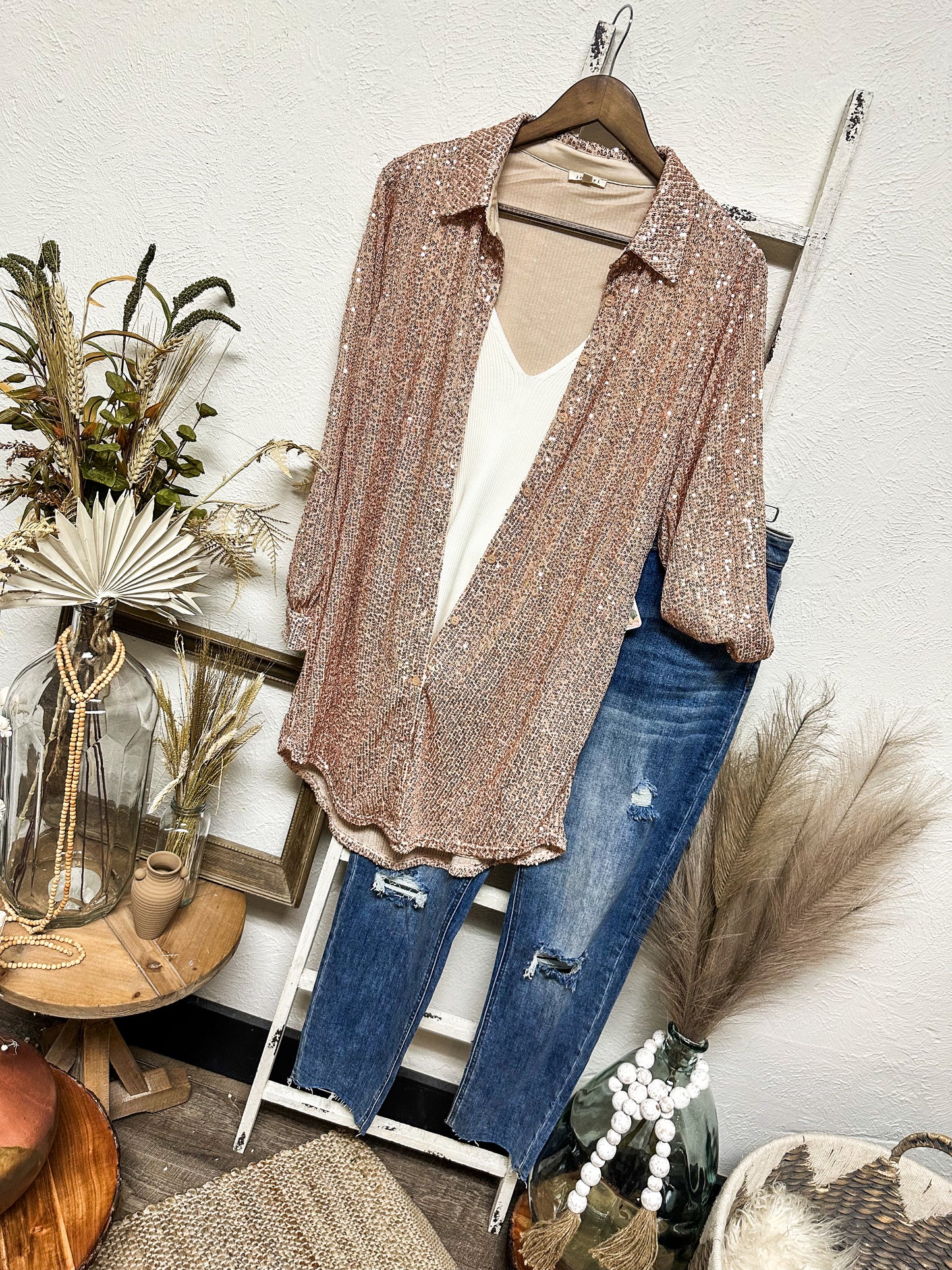 Set In Sequin Shirt Dress, Rose Gold