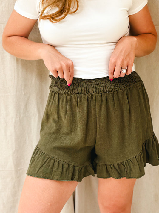 Little Ruffle Linen Shorts, Green