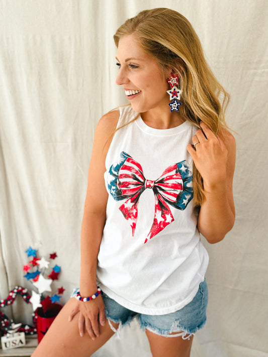 Red, White & Bow Graphic Tank, White
