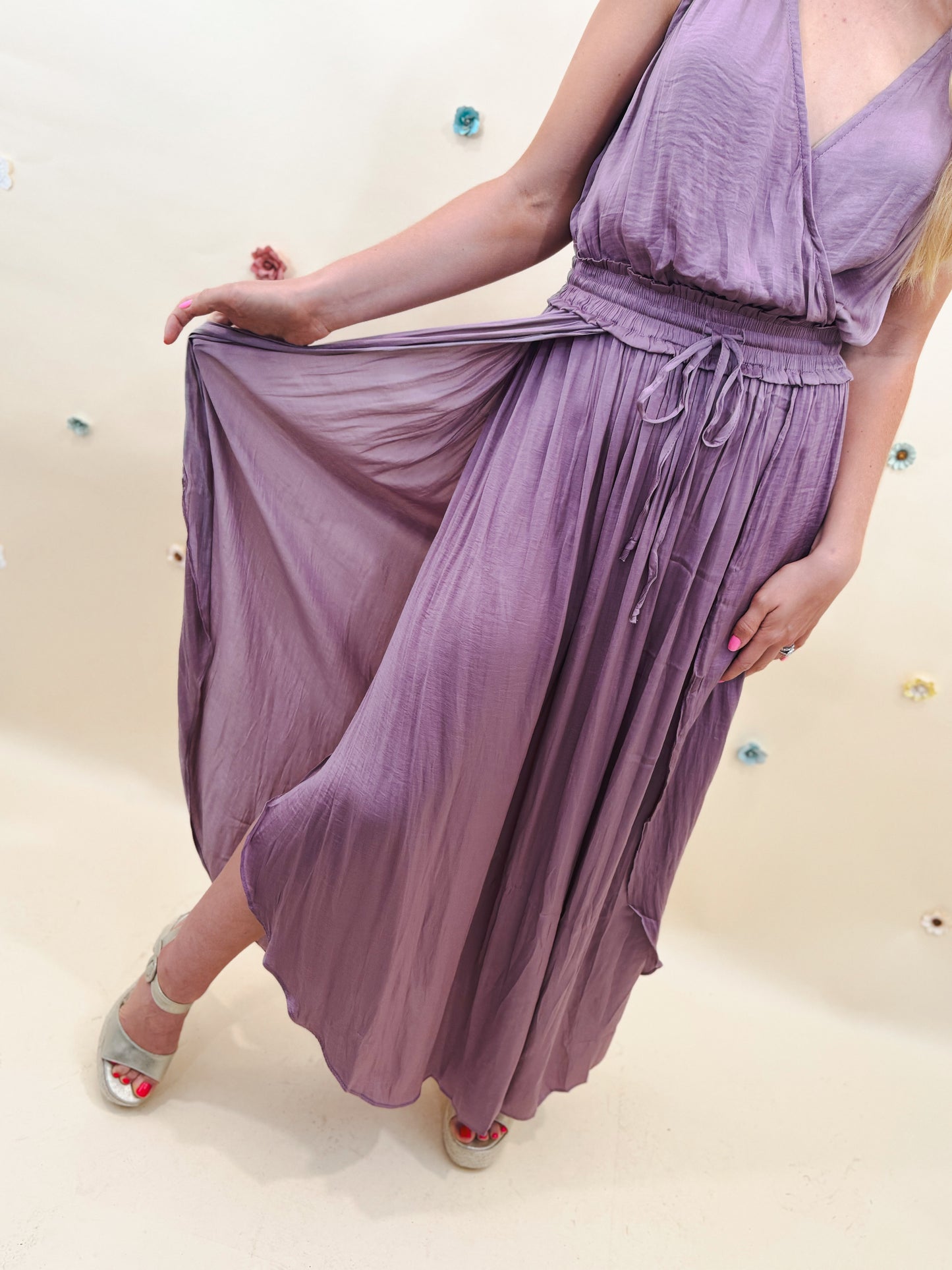 Grecian Sunrise Satin Maxi Dress, Purple