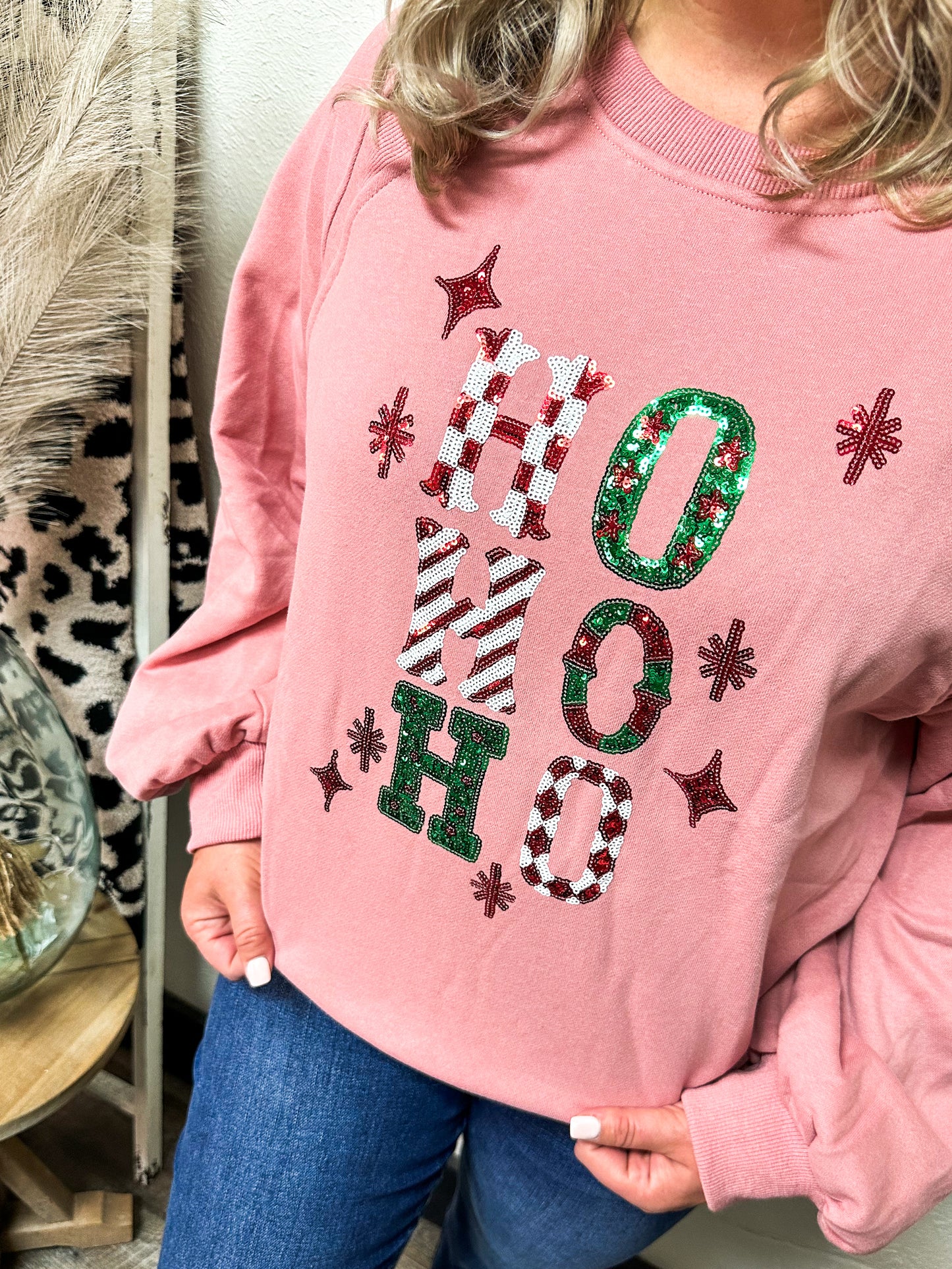 Ho, Ho, Ho Sequin Sweatshirt, Pink