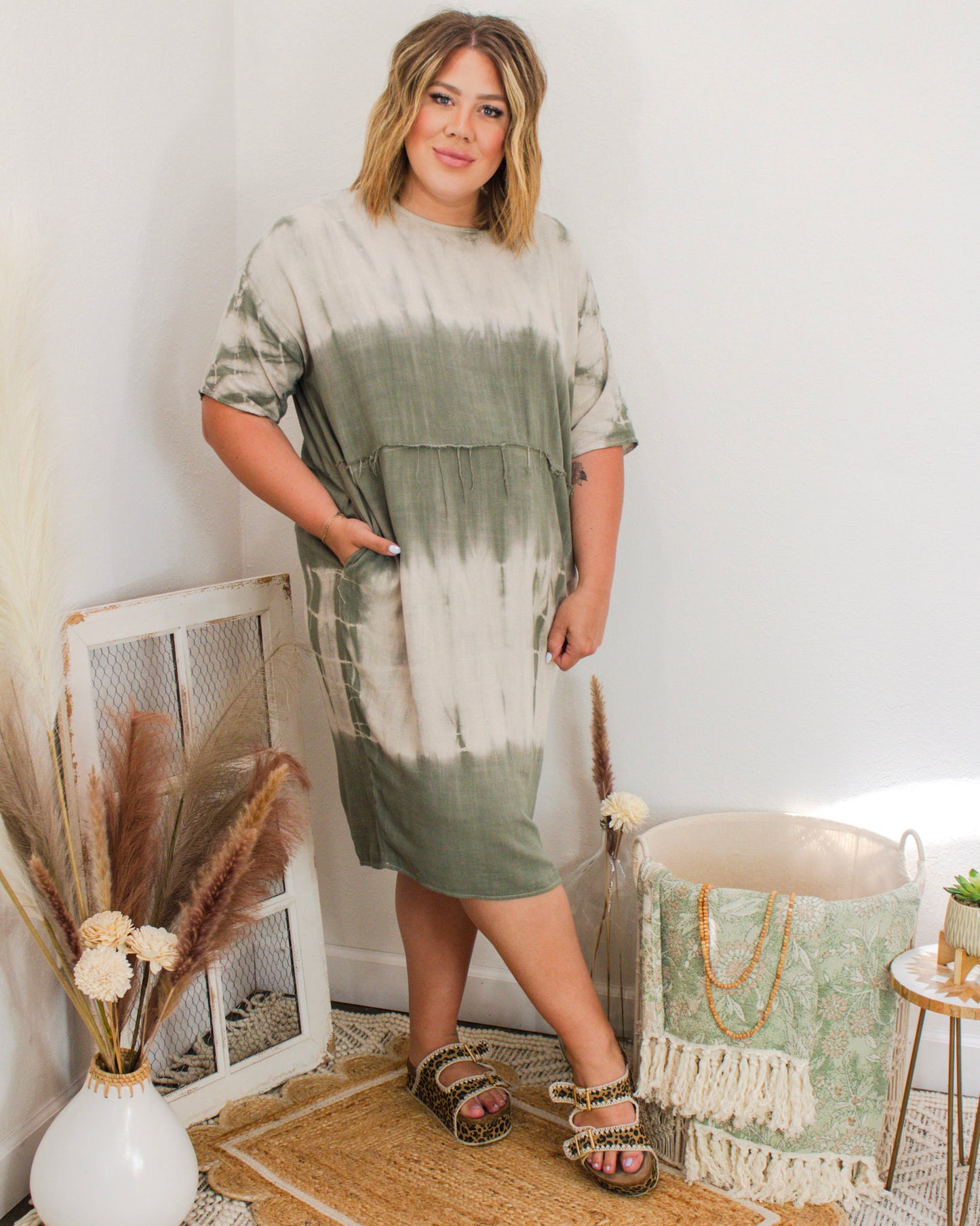 Sage Horizon Tie-Dye Midi Dress, Green