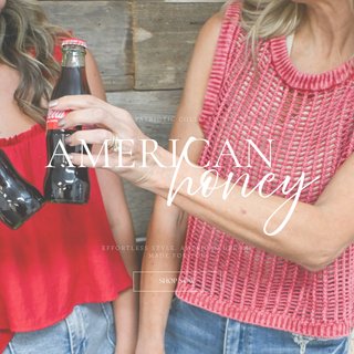 Patriotic Americana fashion collection featuring red statement tops, lightweight knit tanks, denim, and vintage Coca-Cola inspired summer boutique style.