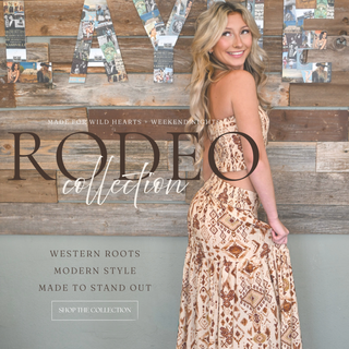 Western-inspired rodeo collection featuring a cream and brown boho maxi dress with modern cowgirl style, neutral tones, and boutique fashion vibes.