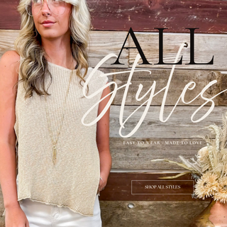 Neutral boutique fashion collection featuring a sleeveless knit sweater tank, layered jewelry, and soft everyday styles with elevated minimalist charm.