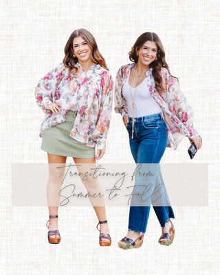 Women modeling floral blouses styled for transitioning outfits from summer to fall with skirt and jeans – boutique fashion inspiration.