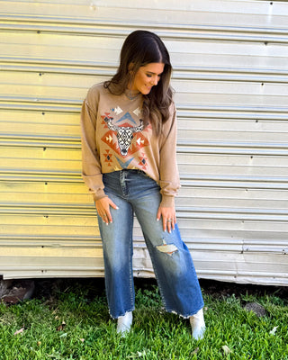 Aztec Style Graphic Sweatshirt, Tan