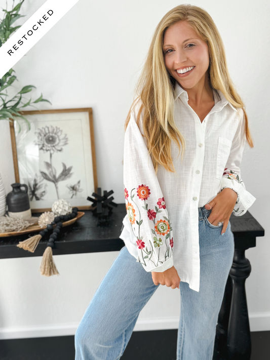 Floral Embroidered Button Down Top, White