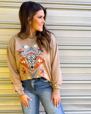 Aztec Style Graphic Sweatshirt, Tan
