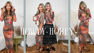 Woman modeling a patterned dress with 'HOWDY HONEY' text overlay.