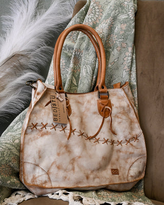 BED|STÜ distressed leather tote handbag in Nectar Lux Tan Rustic featuring hand-laced stitching, artisan craftsmanship, spacious interior, and vintage boho style.