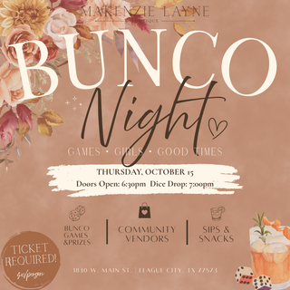 Promotional flyer for 'BUNCO Night' by Makenzie Layne Boutique, featuring a dusty rose background with floral illustrations, white and black typography, and event details including the date Thursday, October 15, doors open at 6:30pm, and dice drop at 7:30pm.