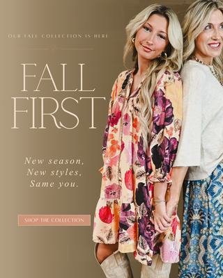Fall First women’s boutique collection featuring a colorful floral dress, cozy neutral knit and blue boho print pants for effortless fall style.
