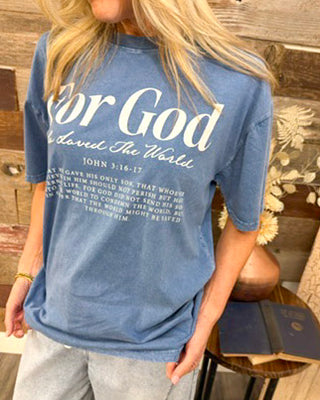 Blue “For God So Loved the World” graphic t-shirt for women featuring John 3:16 verse, casual faith-based tee, soft cotton Christian apparel, relaxed fit everyday outfit.