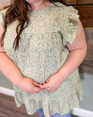 Plus size sage green floral top with ruffle sleeves, flowy fit, and lightweight fabric for casual everyday wear