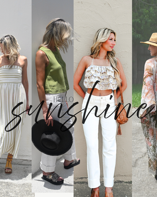 Hello Sunshine summer collection banner featuring women's boutique fashion with a striped maxi dress, olive sleeveless top, floral ruffle crop top, white denim, and tropical kimono for effortless coastal, resort, and vacation-inspired style.