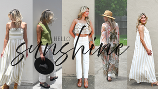Hello Sunshine summer fashion collection featuring women's boutique styles including a striped maxi dress, green sleeveless top, floral ruffle crop top, tropical palm print kimono, and striped maxi dress for effortless coastal, resort, and vacation-inspired outfits.