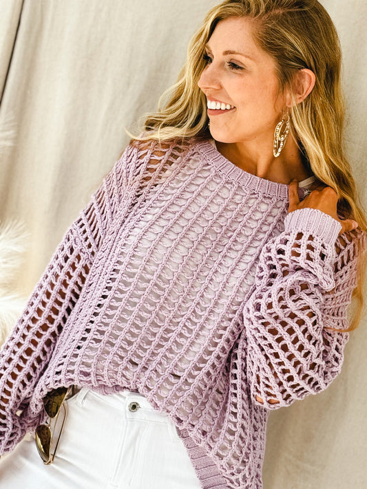 Lavender Haze Open Knit Sweater, Purple