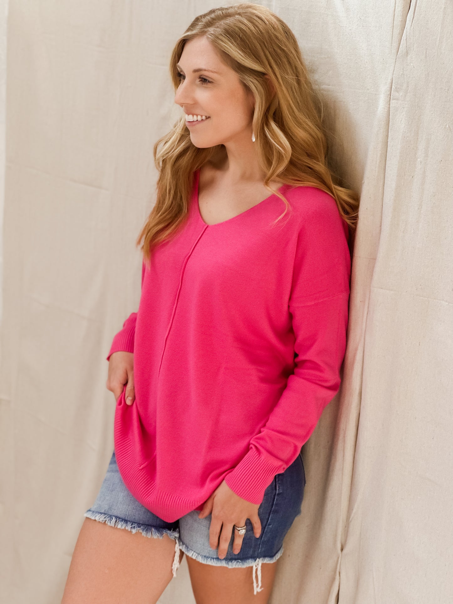 Chic V-Neck Sweater, Hot Pink