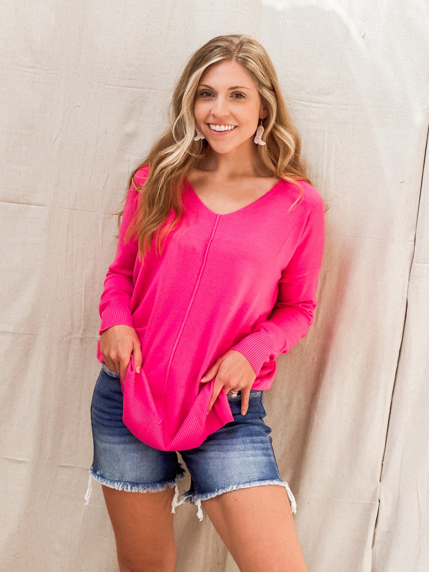 Chic V-Neck Sweater, Hot Pink