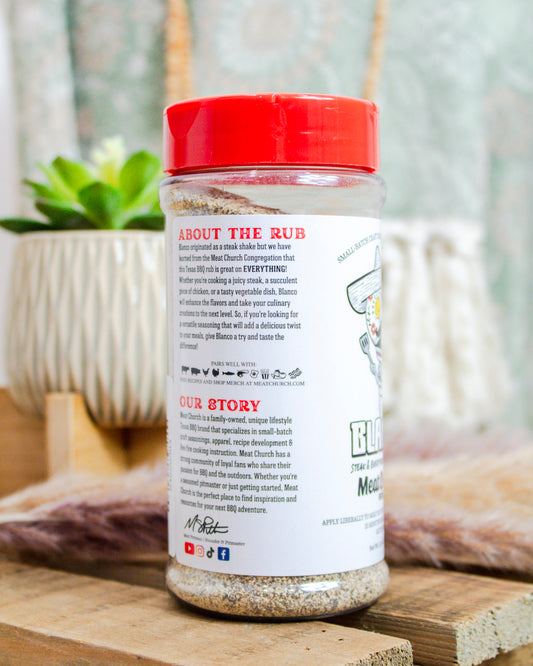 Back label of Meat Church Blanco seasoning rub with product story and usage tips—versatile BBQ rub for steak, chicken, and veggies at Makenzie Layne Boutique