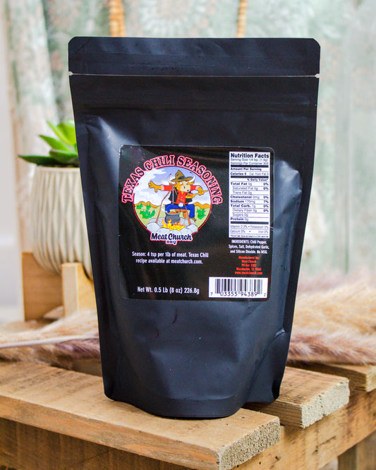 Meat Church Texas Chili Seasoning, 8 oz black pouch with cowboy label and nutrition facts—bold chili spice blend at Makenzie Layne Boutique