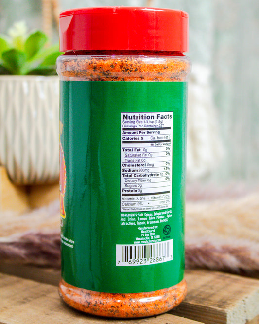 Back label of Meat Church BBQ seasoning showing nutrition facts and ingredients—vibrant rub with zero fat and no MSG, sold at Makenzie Layne Boutique