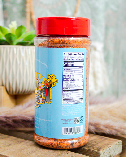 Back label of Meat Church Gospel All-Purpose Rub showing nutrition facts and ingredients on light blue bottle—zero calories, gluten-free at Makenzie Layne Boutique