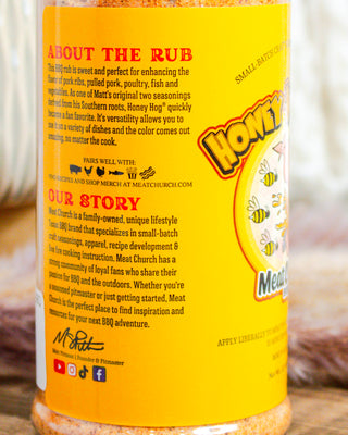 Back label of Meat Church Honey Hog BBQ rub detailing flavor notes, usage tips, and brand story—Texas-made sweet rub for meats and veggies