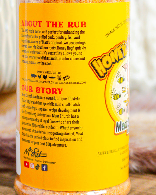 Back label of Meat Church Honey Hog BBQ rub detailing flavor notes, usage tips, and brand story—Texas-made sweet rub for meats and veggies