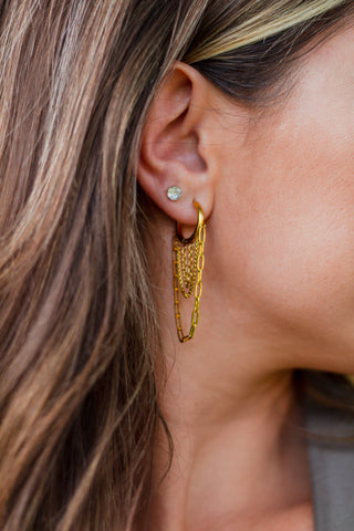 Close-up of a woman wearing gold layered chain hoop earrings with a small gemstone stud, styled with soft highlighted hair for an elegant modern look.
