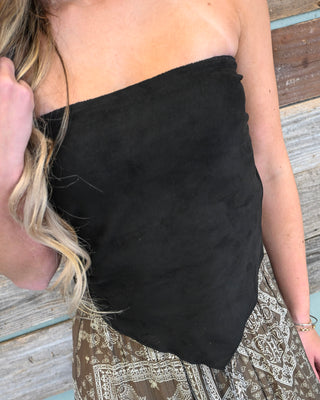 Black strapless tube top with soft stretch fabric, styled with brown paisley skirt for a trendy boho summer outfit