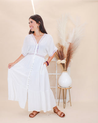 Woman wearing a white maxi dress with button-down front, eyelet lace trim, flutter sleeves, and tan sandals, styled with red and blue beaded bracelets