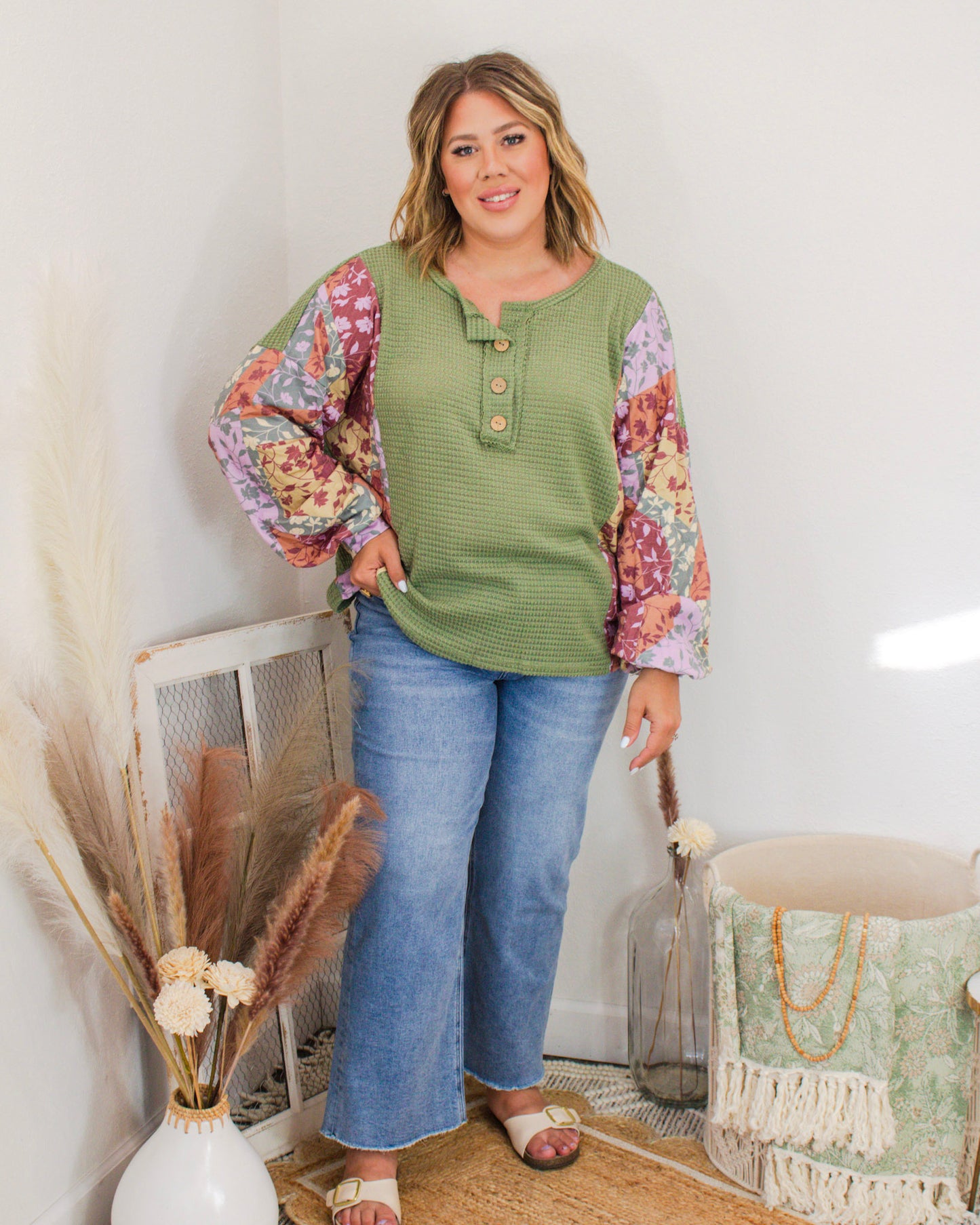 Rustic Meadow Henley Top, Green