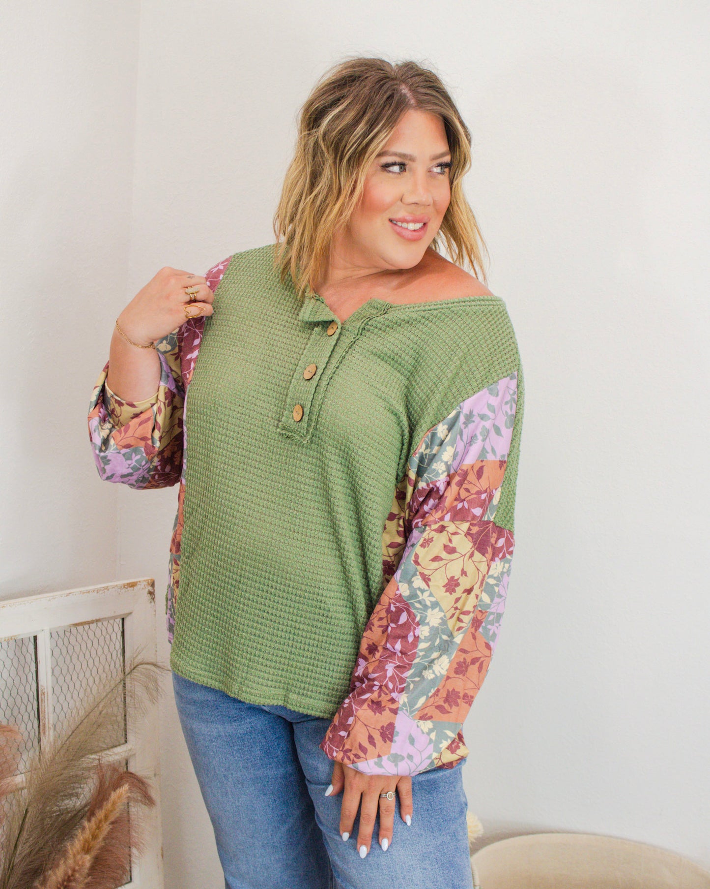 Rustic Meadow Henley Top, Green