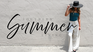Southern Summer Living collection banner featuring a model in a teal strapless top, ivory wide-leg pants, and black sun hat styled for effortless coastal, resort, and vacation-inspired boutique fashion.