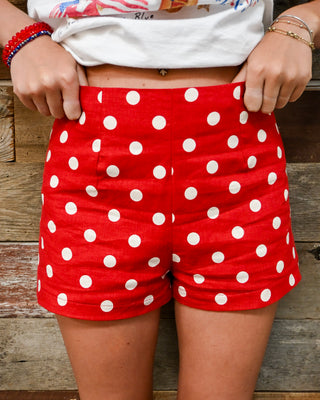 women’s red polka dot high waisted shorts, retro vintage style summer shorts, patriotic boutique bottoms for Memorial Day and 4th of July outfits