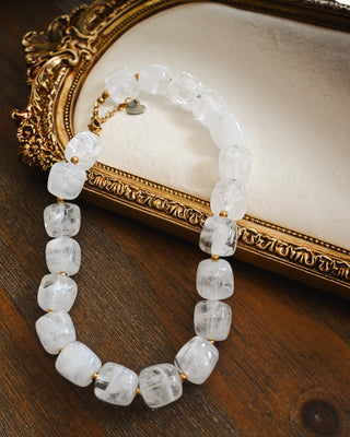 Clear marbled acrylic bead necklace with gold accents, chunky statement jewelry for women, modern boutique accessory perfect for layering and everyday styling.