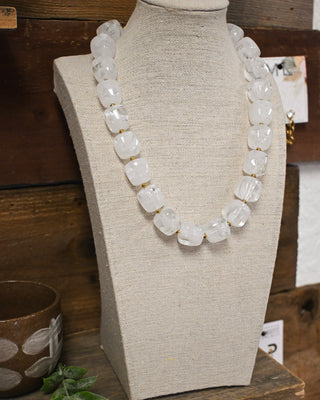 Chunky clear acrylic bead necklace with gold accents, modern statement jewelry for women, versatile boutique accessory perfect for layering or everyday wear.