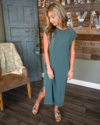 Women’s washed teal midi dress with cap sleeves and side slit, styled with floral platform sandals for an effortless casual boho boutique look.